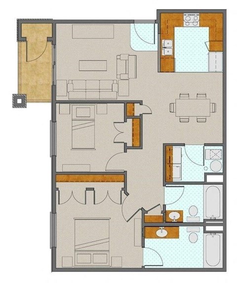 Floor plan for 2 beds, 2 baths, 961 sqft